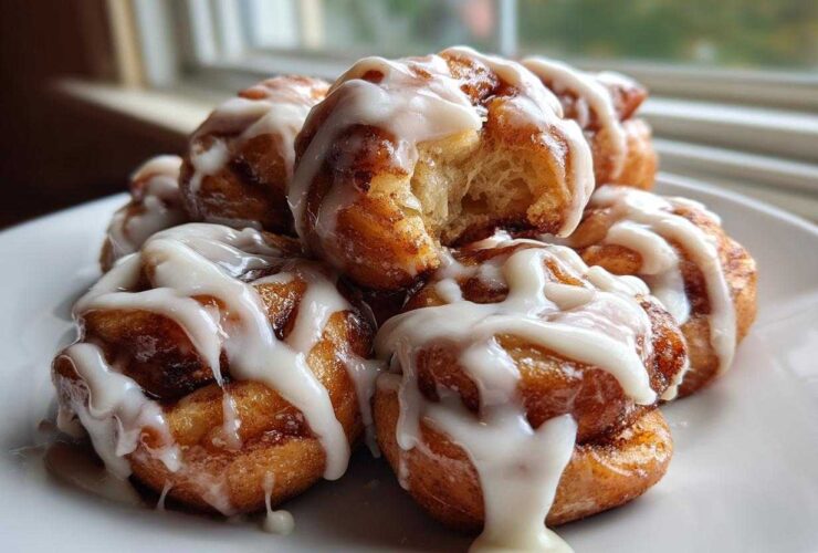 A close-up of several gooey, glazed cinnamon roll bites piled on a white plate, showing the soft interior.