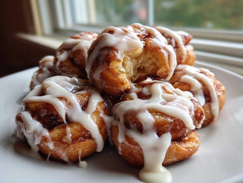 A close-up of several gooey, glazed cinnamon roll bites piled on a white plate, showing the soft interior.