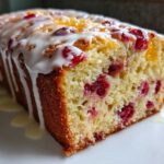 Close-up of a freshly baked cranberry orange bread loaf drizzled with white glaze.
