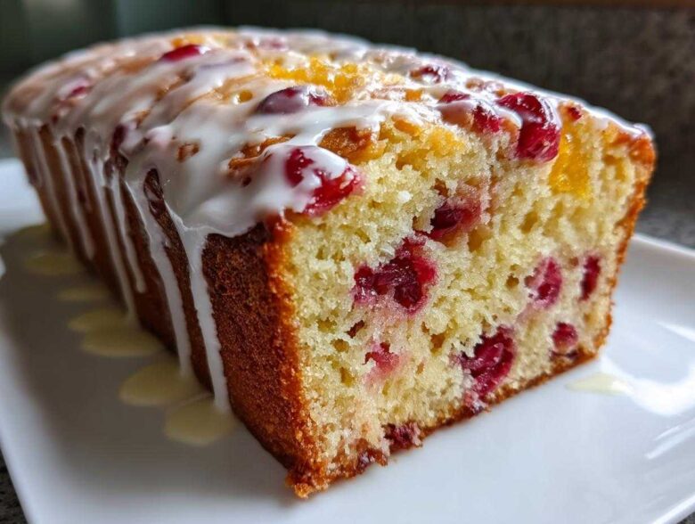 Close-up of a freshly baked cranberry orange bread loaf drizzled with white glaze.
