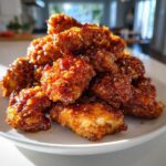 A close-up mound of crispy, glazed chicken pieces coated in a sticky sauce for the orange chicken recipe.