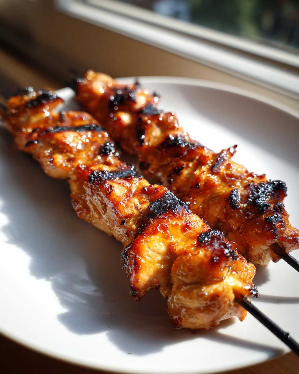 Two perfectly grilled, glazed chicken skewers resting on a white plate, showing char marks.