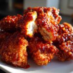 Close-up of crispy, glazed korean fried chicken pieces piled on a white plate, showing the moist interior.