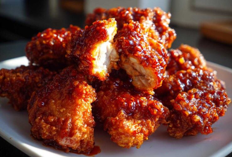 Close-up of crispy, glazed korean fried chicken pieces piled on a white plate, showing the moist interior.