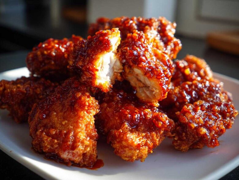 Close-up of crispy, glazed korean fried chicken pieces piled on a white plate, showing the moist interior.