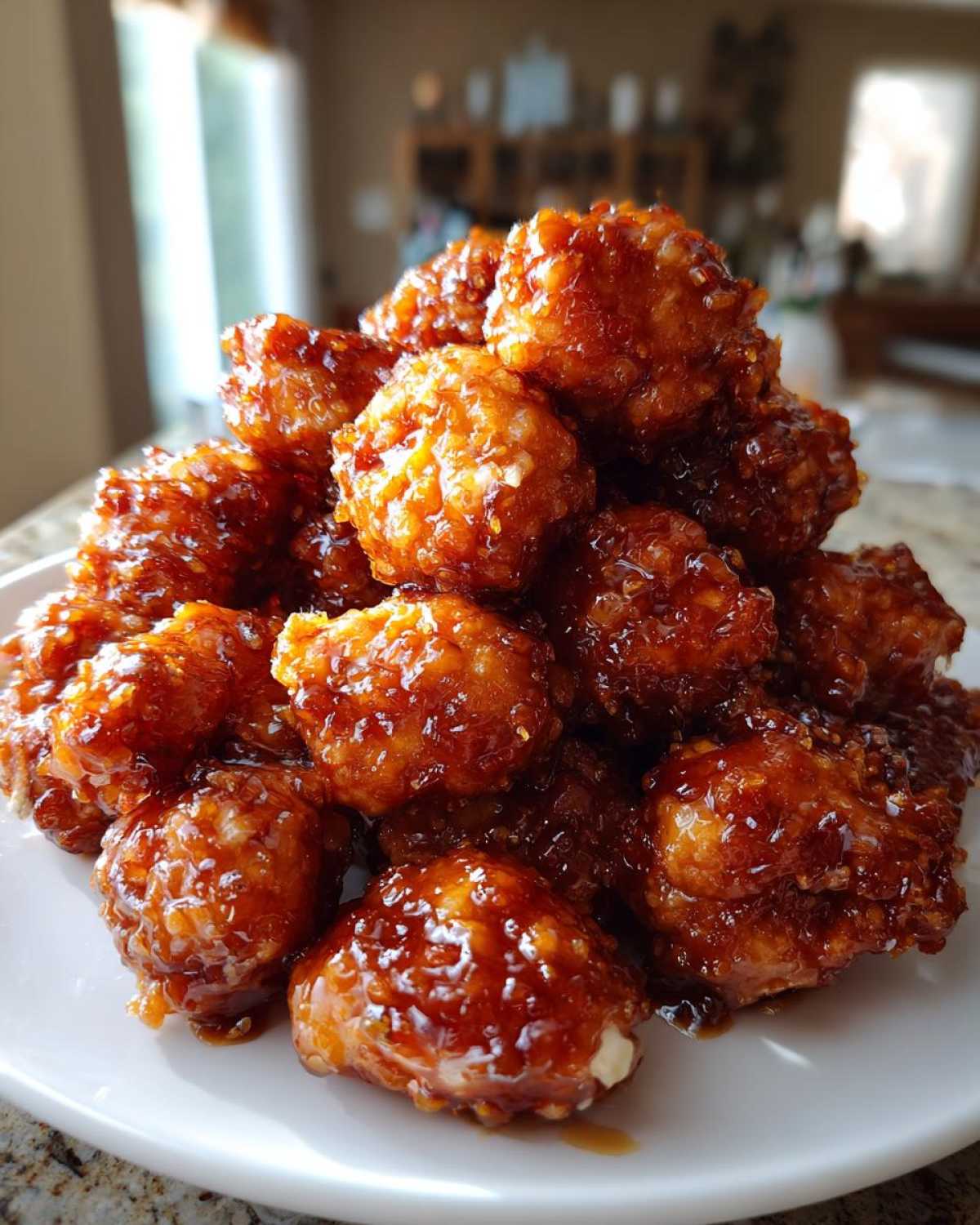 A close-up of crispy, glazed pieces piled high, showcasing the sticky sauce of the orange chicken recipe.