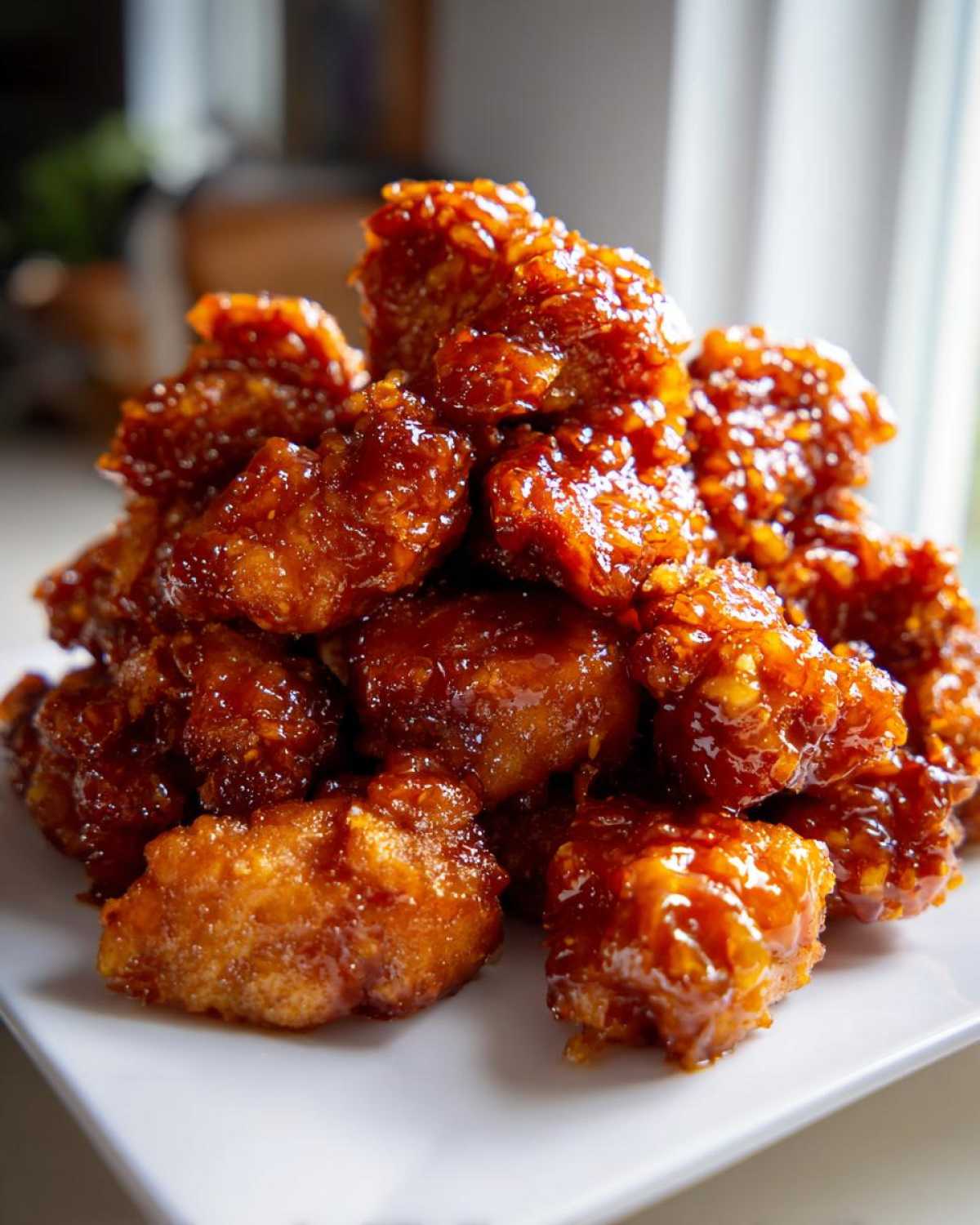 Close-up of crispy, glazed pieces of orange chicken recipe piled high on a white plate.