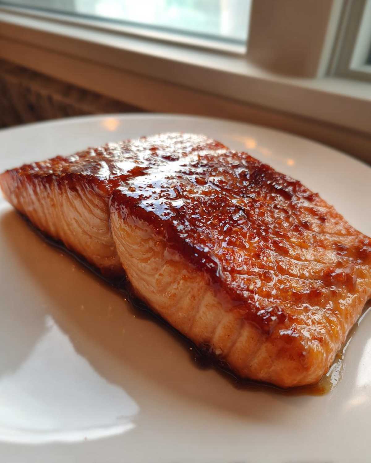 Close-up of a perfectly cooked, glazed salmon fillet resting on a white plate.