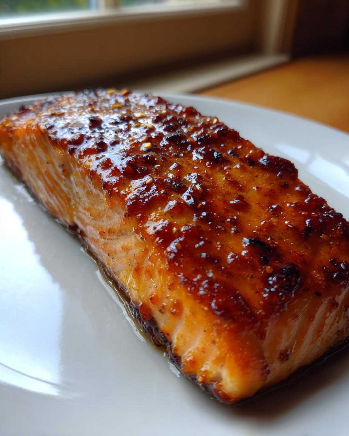 Close-up of a perfectly cooked, glazed salmon fillet with a shiny, caramelized topping.