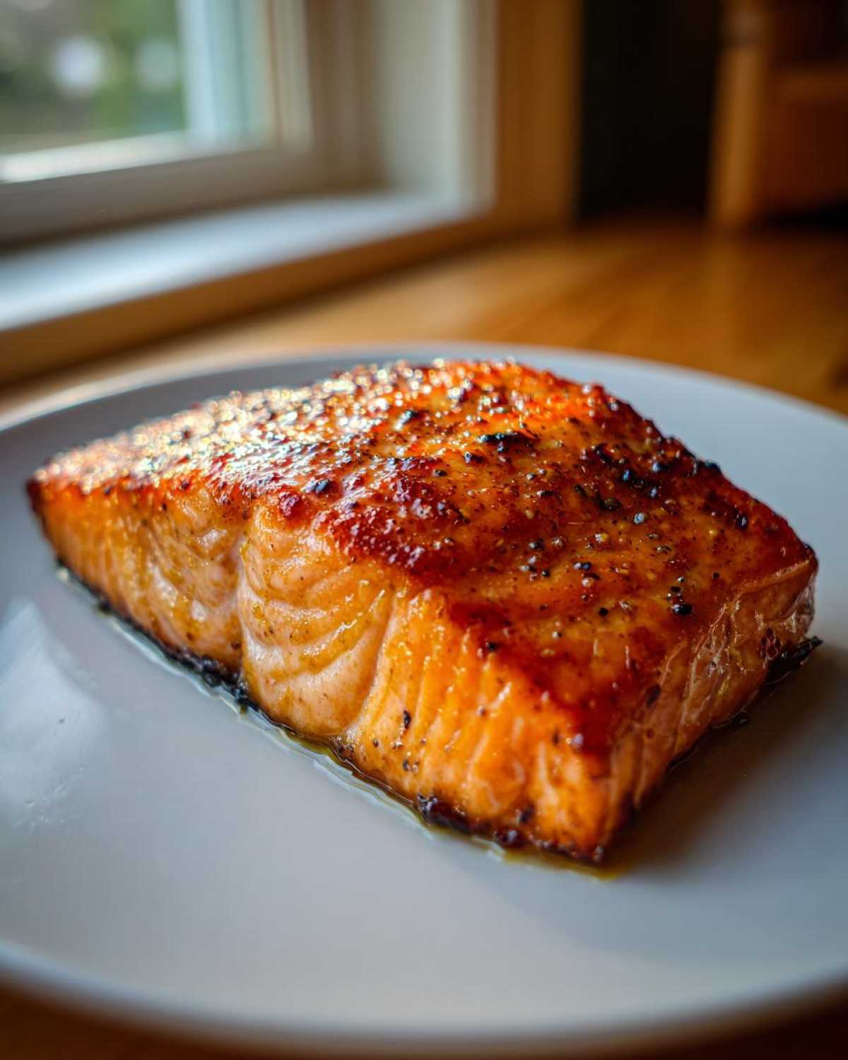 Close-up of a perfectly cooked, glazed salmon fillet seasoned with pepper, resting on a light plate.
