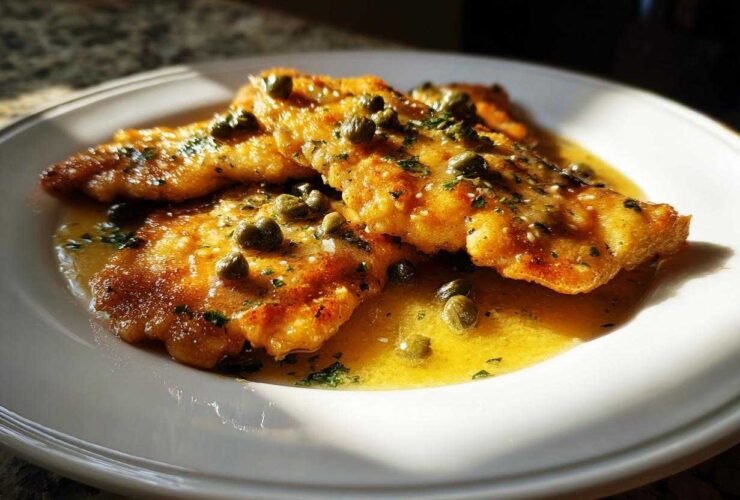 Three golden-brown fillets of chicken piccata swimming in a bright lemon butter sauce and topped with capers and parsley.