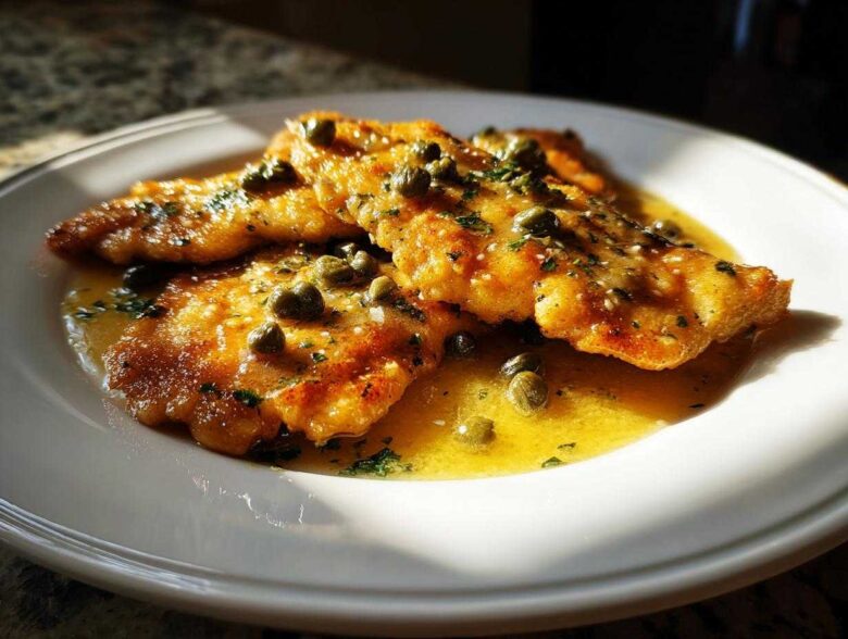 Three golden-brown fillets of chicken piccata swimming in a bright lemon butter sauce and topped with capers and parsley.