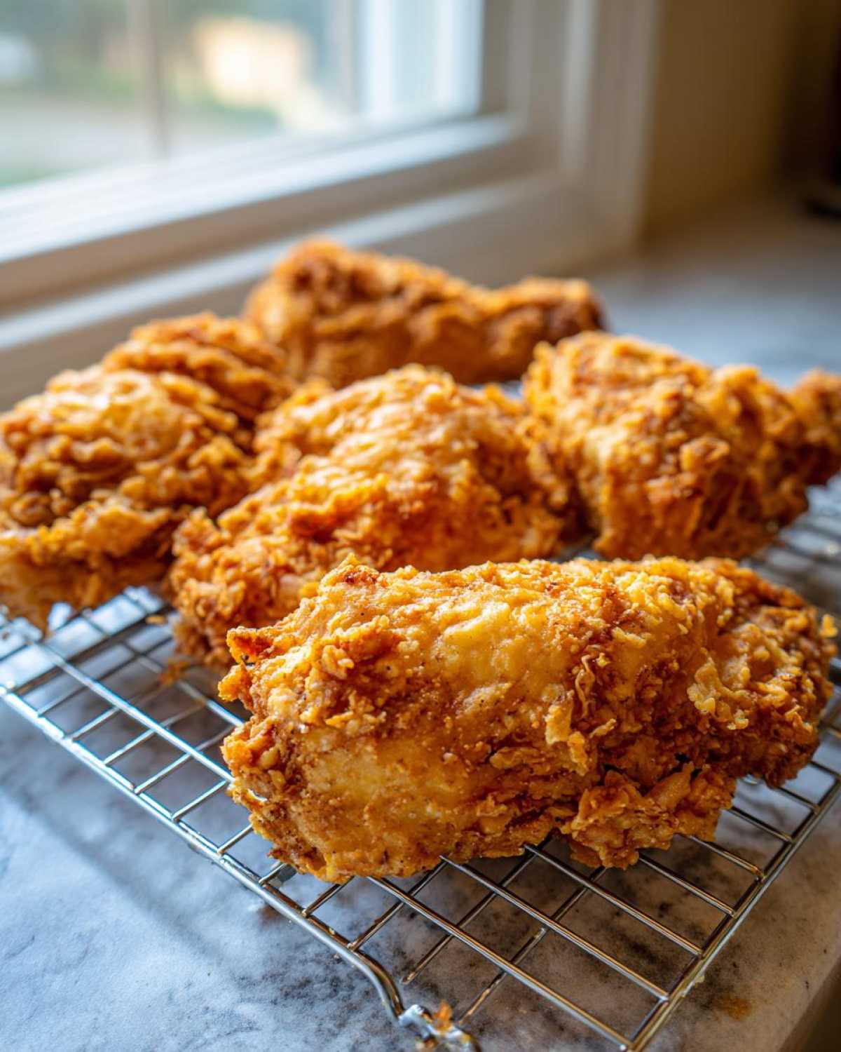 Several pieces of golden brown, crispy fried chicken resting on a wire cooling rack near a window.