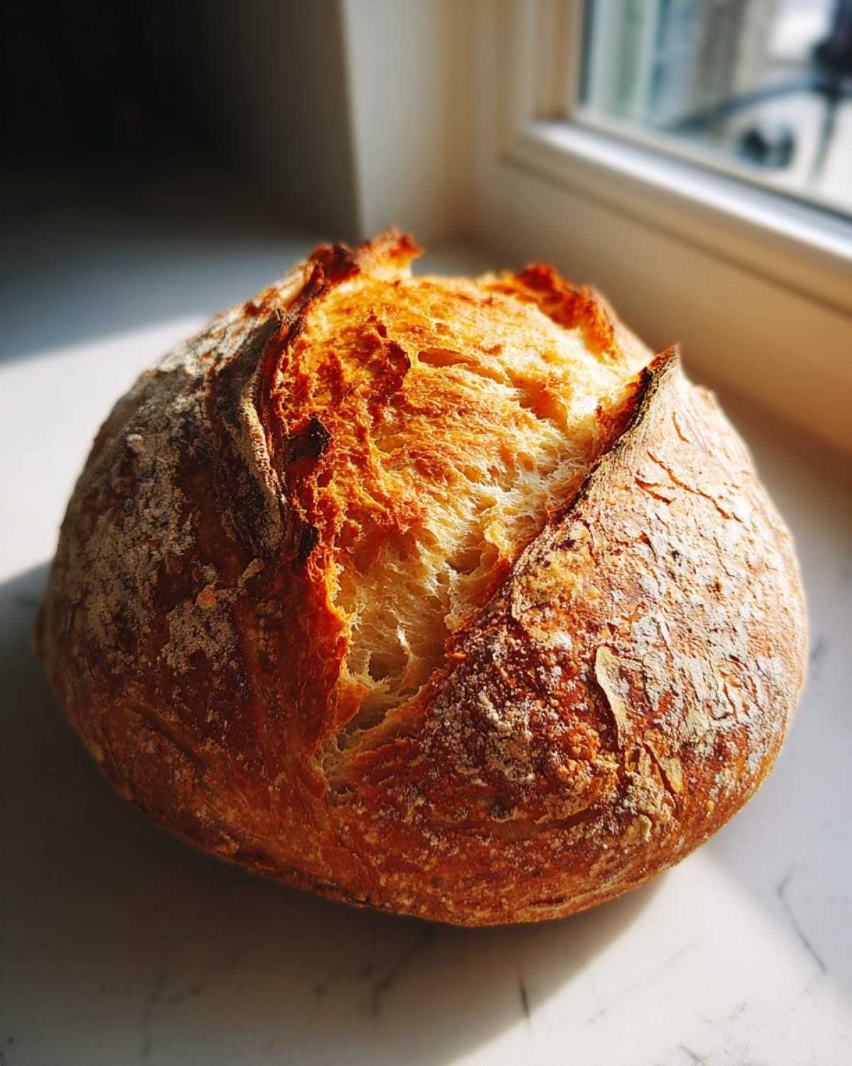 Close-up of a beautifully baked, rustic Italian bread loaf with a deeply scored, golden-brown crust.