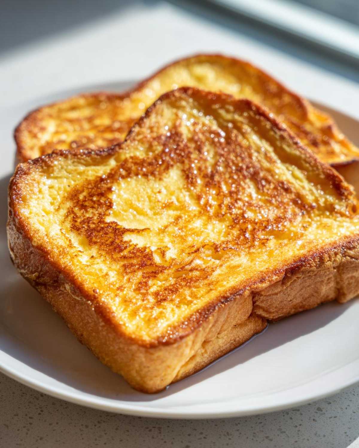 Close-up of two golden brown slices of easy french toast glistening with syrup on a white plate.
