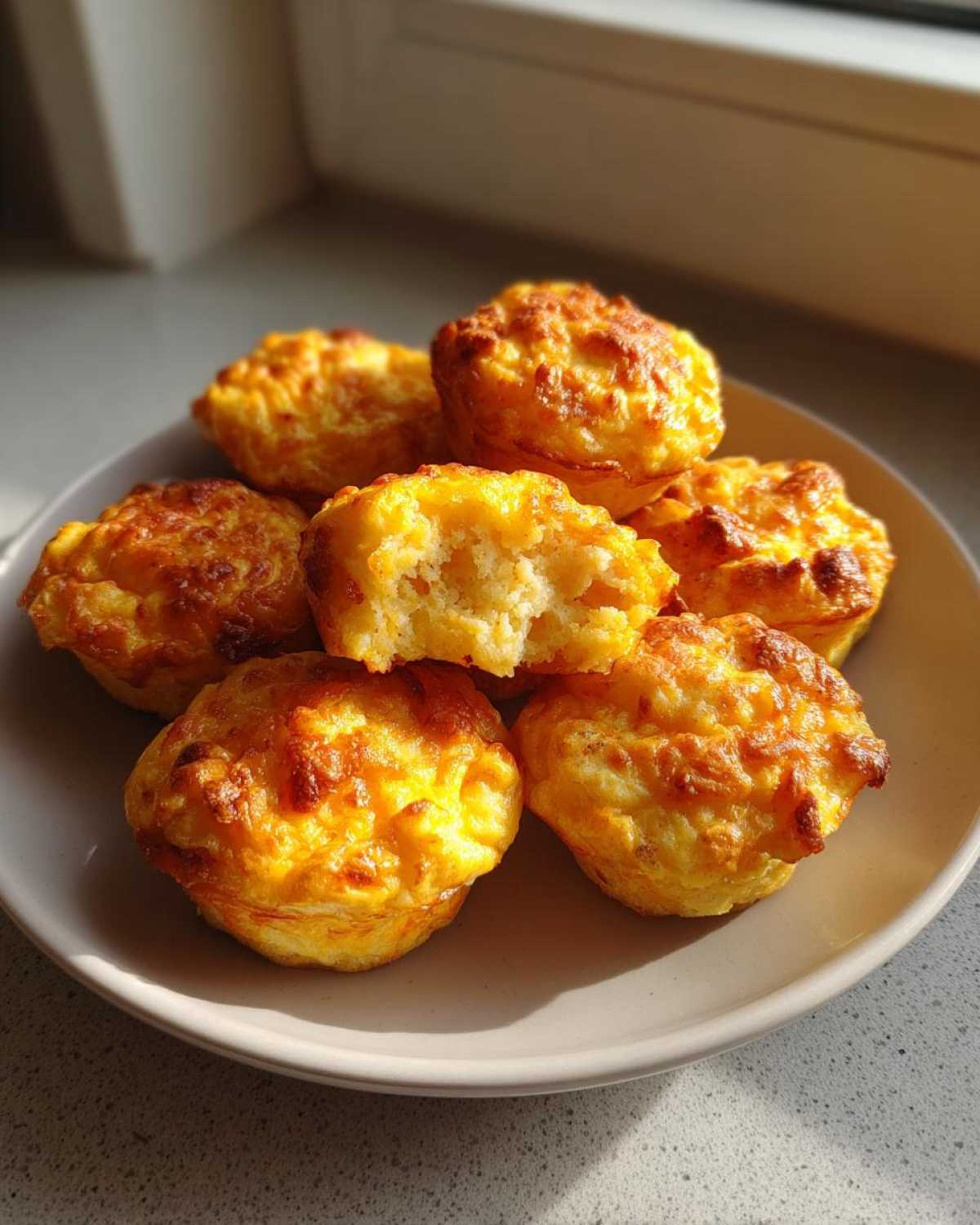 A plate of freshly baked, golden brown egg bites, one of which is broken open to show the fluffy interior.