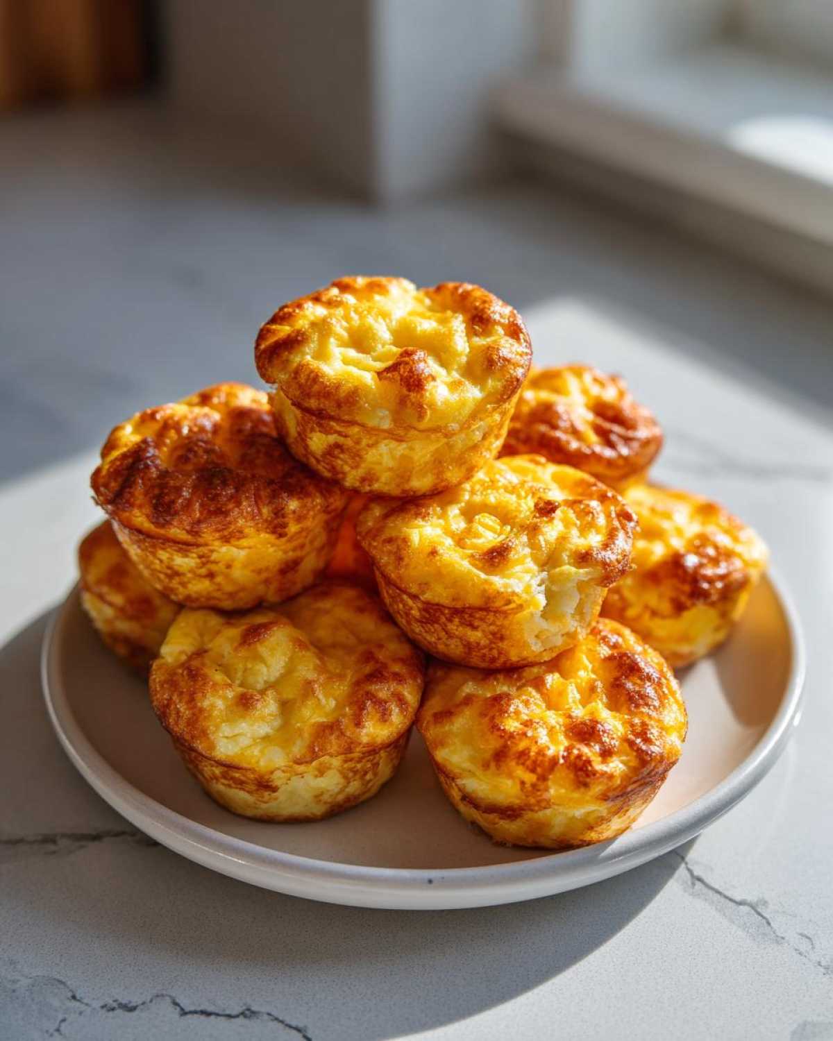 A stack of freshly baked, golden brown egg bites piled high on a light gray plate, ready for fast fuel.