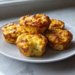 Five golden brown, fluffy egg bites stacked on a white plate, one has a small bite taken out.