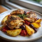 Three pieces of perfectly roasted greek chicken thighs served over golden potatoes, olives, and tomatoes, garnished with rosemary.