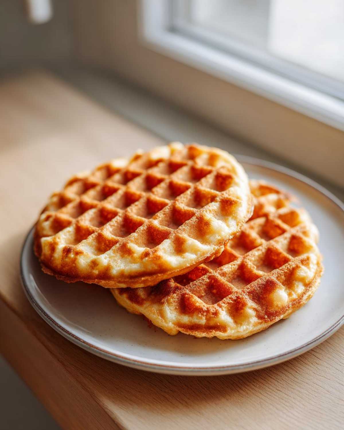 Two golden brown high protein waffles stacked slightly on a light ceramic plate near a window.