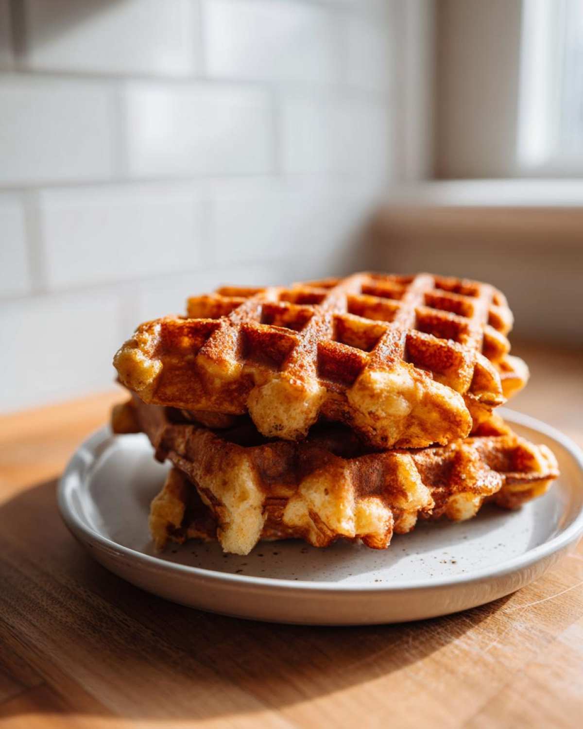 A stack of golden brown, fluffy high protein waffles sitting on a small ceramic plate.