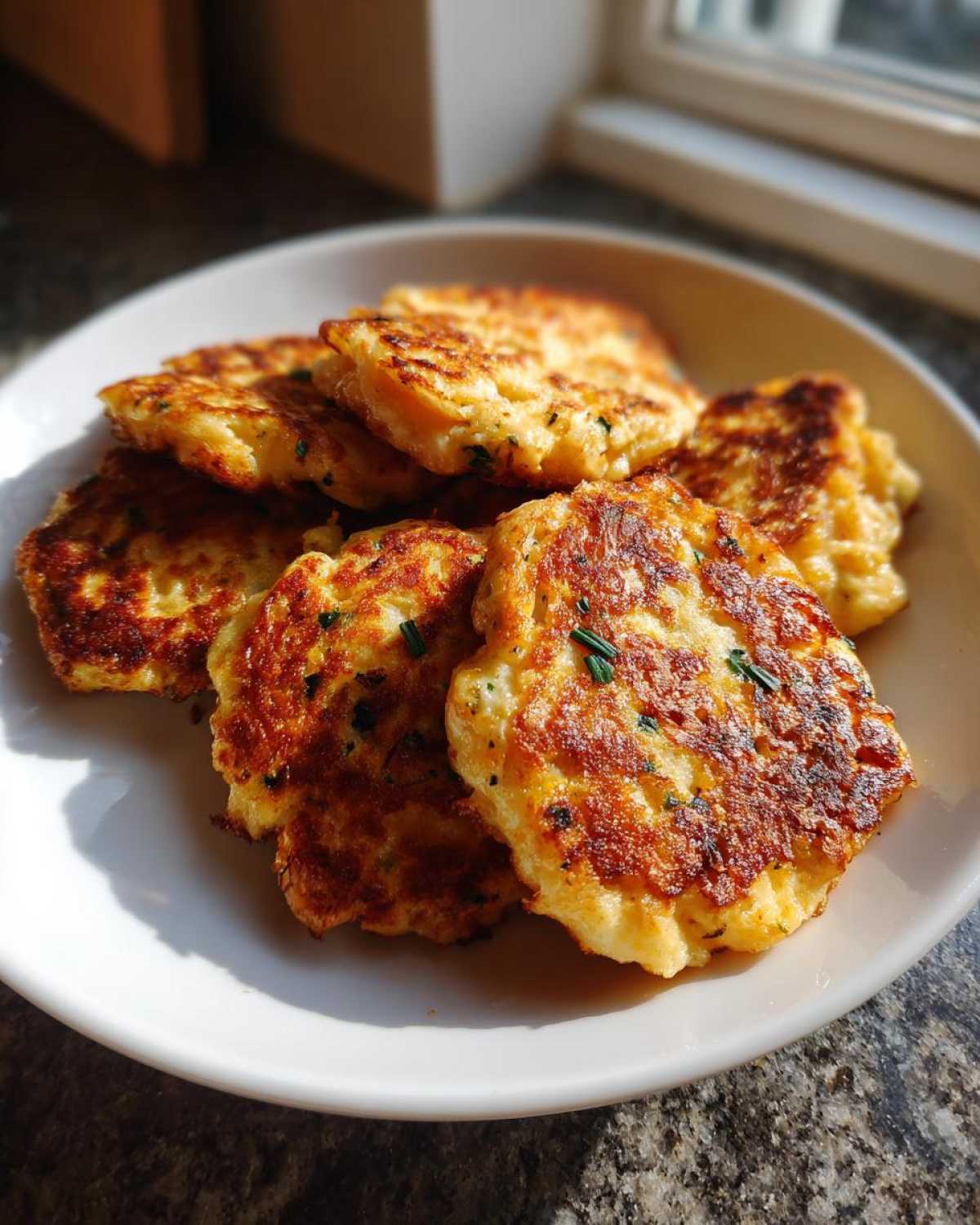 A stack of perfectly golden brown, pan-fried mashed potato cakes garnished with chives.