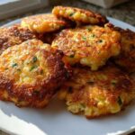 A pile of golden-brown, pan-fried mashed potato cakes sprinkled with chives, served on a white plate.