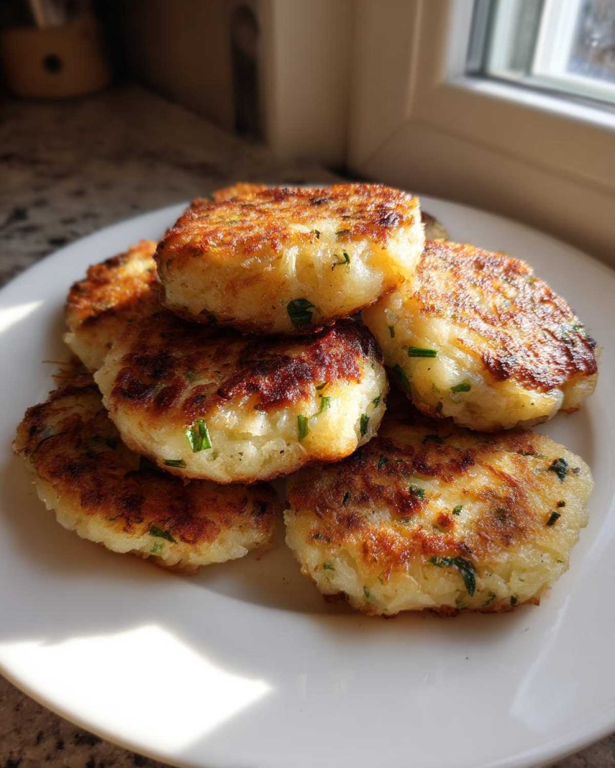 A stack of golden brown, pan-fried mashed potato cakes flecked with green herbs, sitting on a white plate.