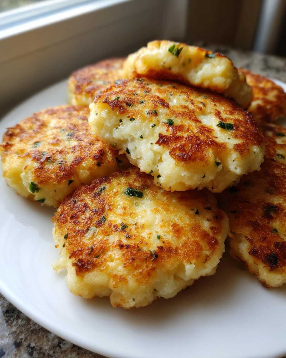 A close-up of several golden brown, pan-fried mashed potato cakes sprinkled with herbs on a white plate.