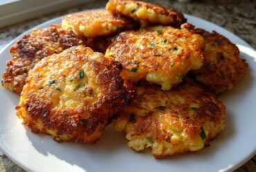 A pile of golden-brown, pan-fried mashed potato cakes sprinkled with chives, served on a white plate.