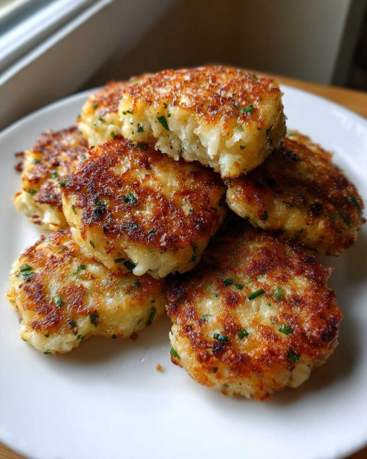 A stack of golden brown, pan-fried mashed potato cakes sprinkled with chives on a white plate.