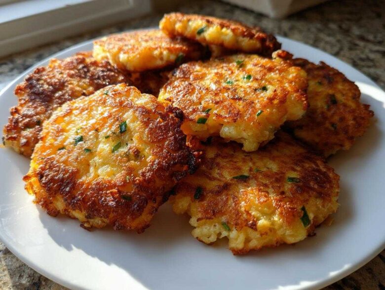 A pile of golden-brown, pan-fried mashed potato cakes sprinkled with chives, served on a white plate.