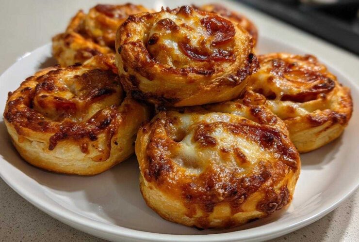A stack of freshly baked, golden brown pizza pinwheels topped with melted, slightly browned cheese and pepperoni.