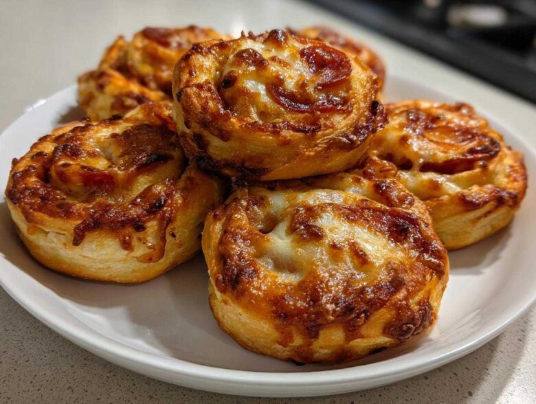 A stack of freshly baked, golden brown pizza pinwheels topped with melted, slightly browned cheese and pepperoni.