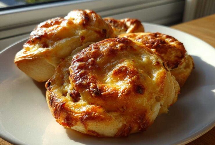 Close-up of freshly baked sausage pinwheels with melted, golden-brown cheese topping, served on a white plate.