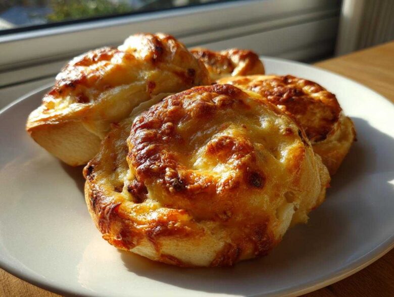 Close-up of freshly baked sausage pinwheels with melted, golden-brown cheese topping, served on a white plate.