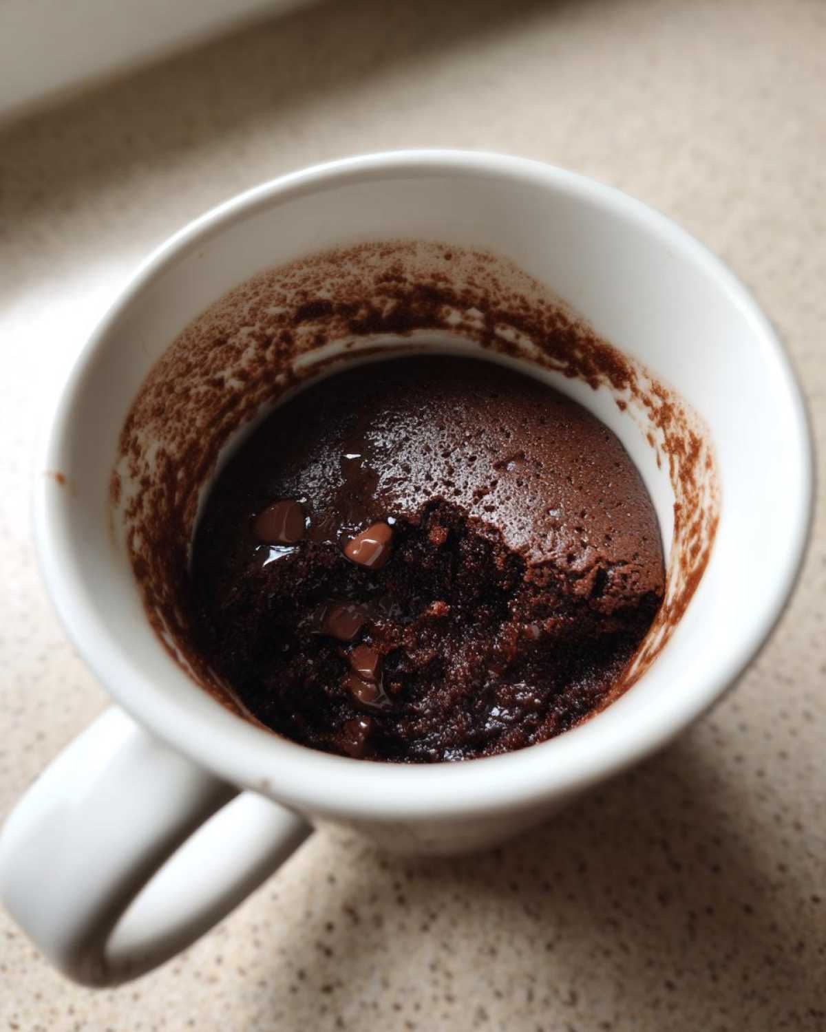 Close-up overhead view of a rich, dark chocolate mug cake with melted chocolate chips inside a white mug.