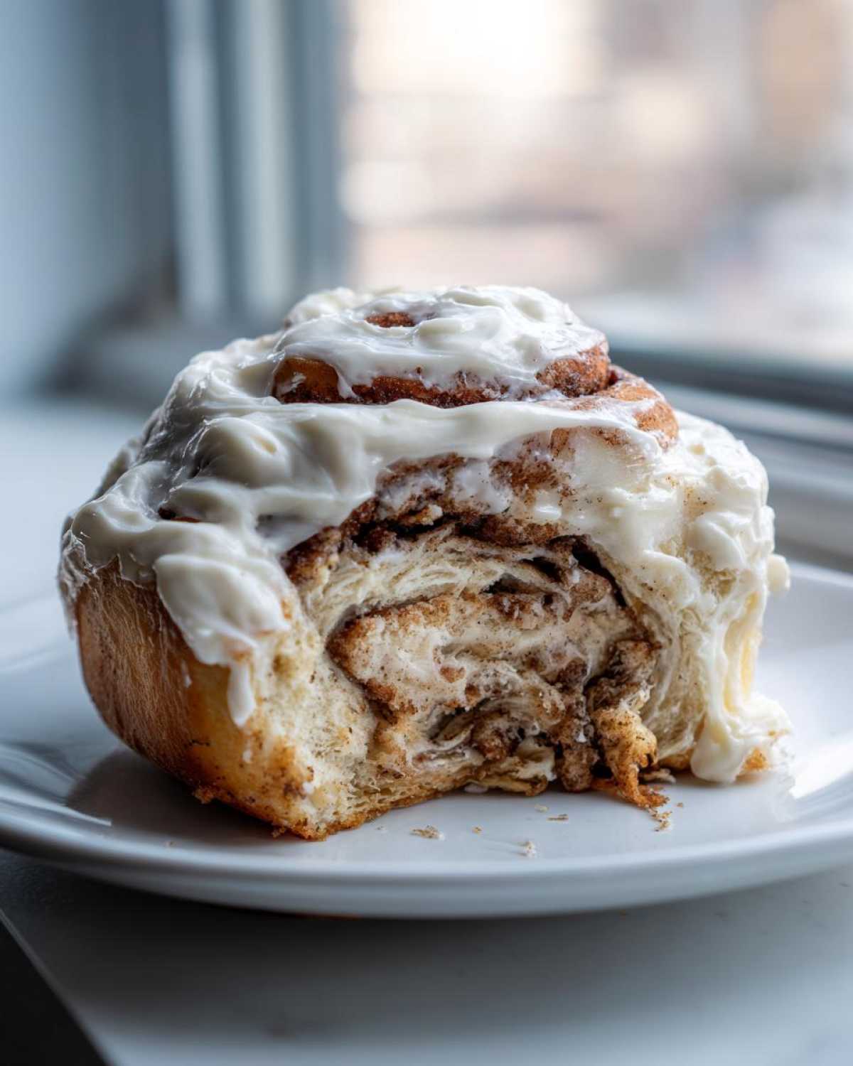A close-up of a soft, gooey cinnamon roll, heavily frosted with cream cheese icing, sitting on a white plate.