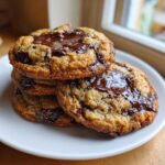 A stack of four freshly baked vegan chocolate chip cookies with melted chocolate pools on top.