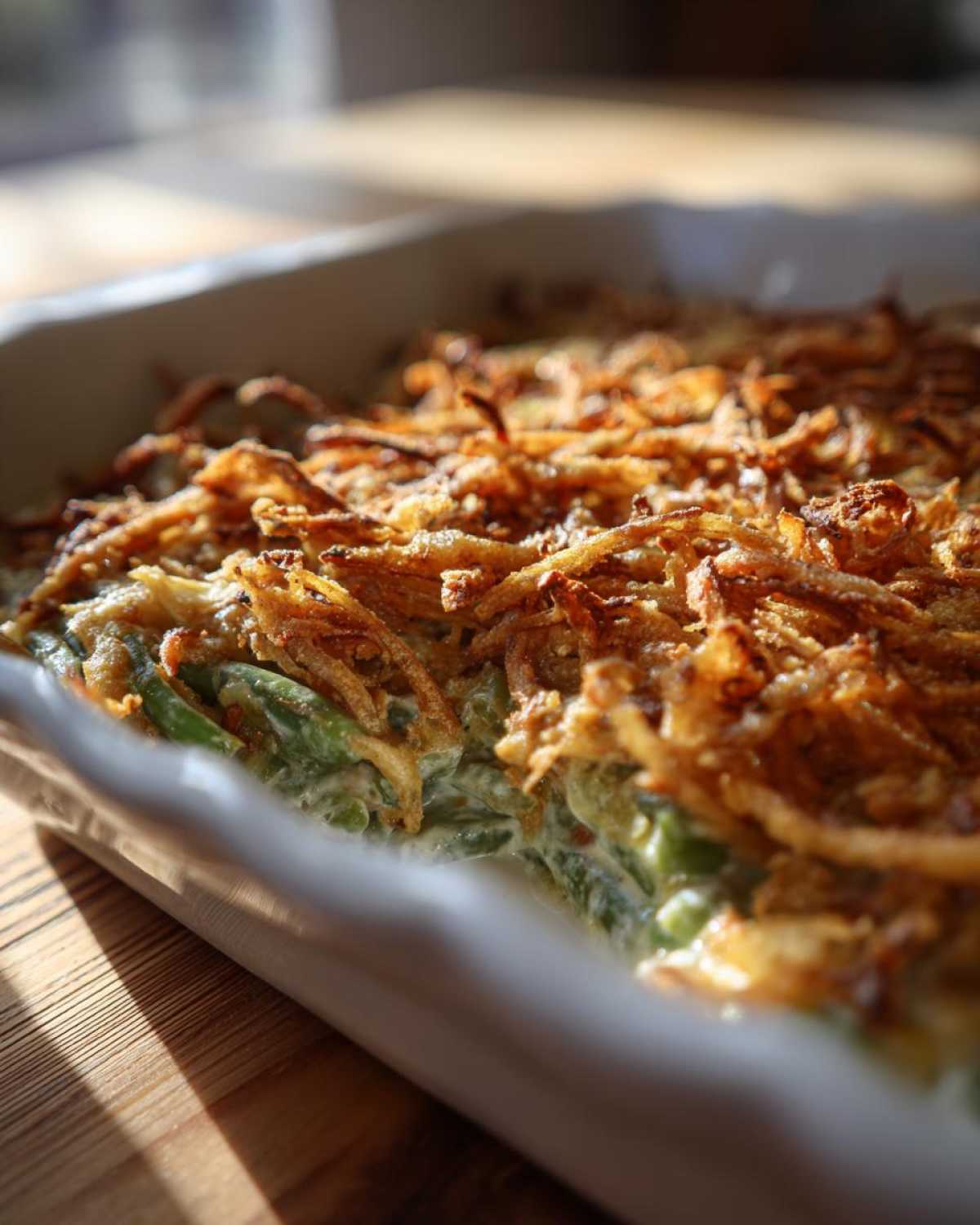 A close-up, sunlit view of a creamy green bean casserole topped generously with crispy fried onions.
