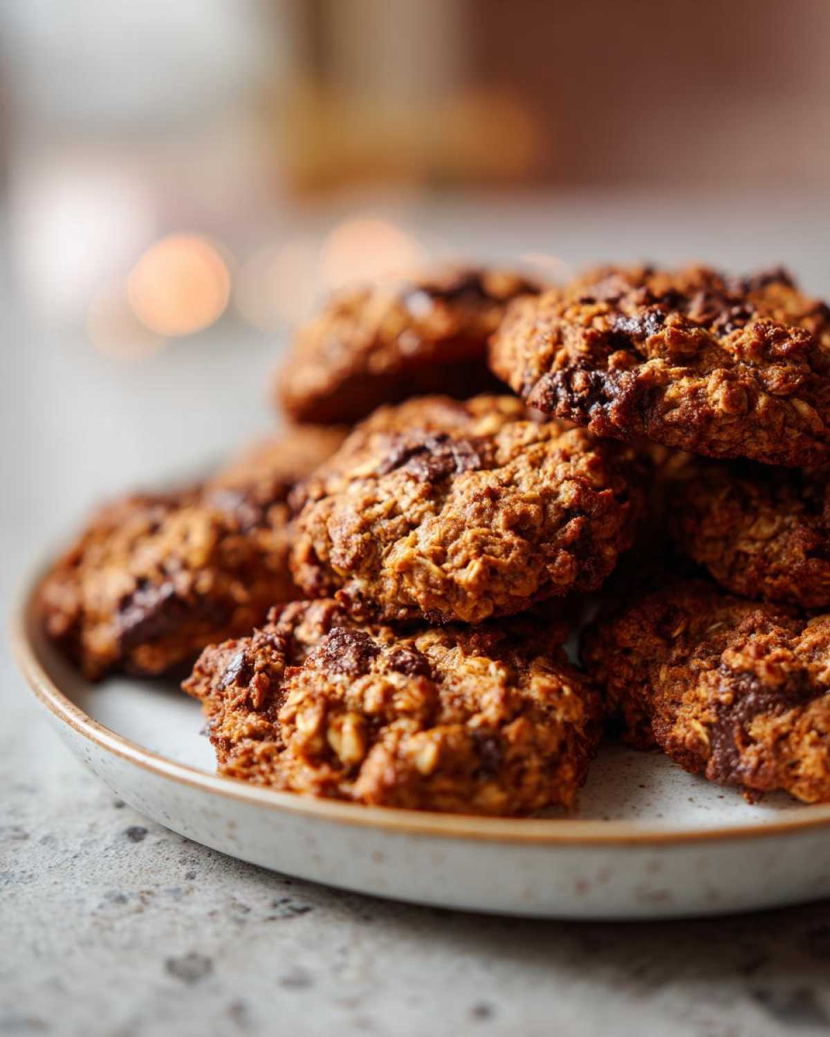 A close-up of a stack of warm, textured breakfast cookie loaded with oats and chocolate chips on a speckled plate.