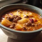 Close-up of a steaming bowl of cowboy soup featuring ground beef, potatoes, kidney beans, and melted cheese.