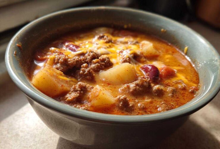 Close-up of a steaming bowl of cowboy soup featuring ground beef, potatoes, kidney beans, and melted cheese.