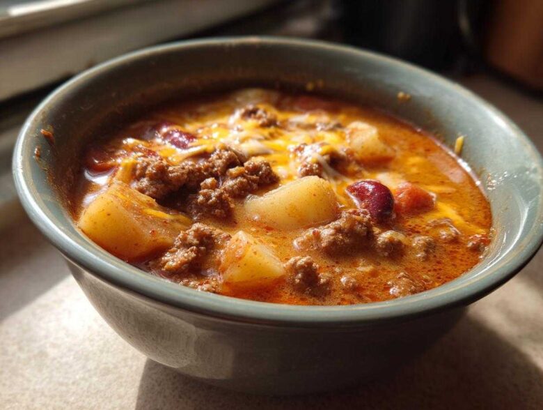 Close-up of a steaming bowl of cowboy soup featuring ground beef, potatoes, kidney beans, and melted cheese.