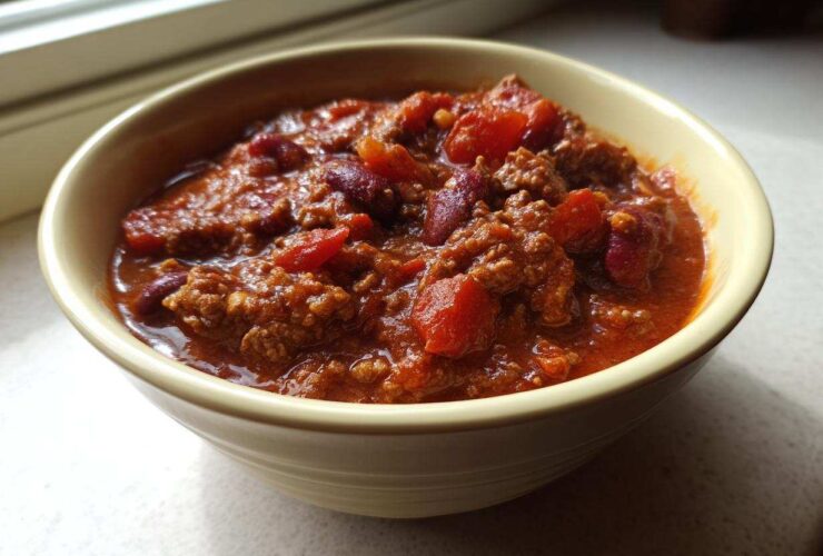 Close-up of a hearty bowl of amazing crockpot chili featuring ground beef, kidney beans, and tomatoes.