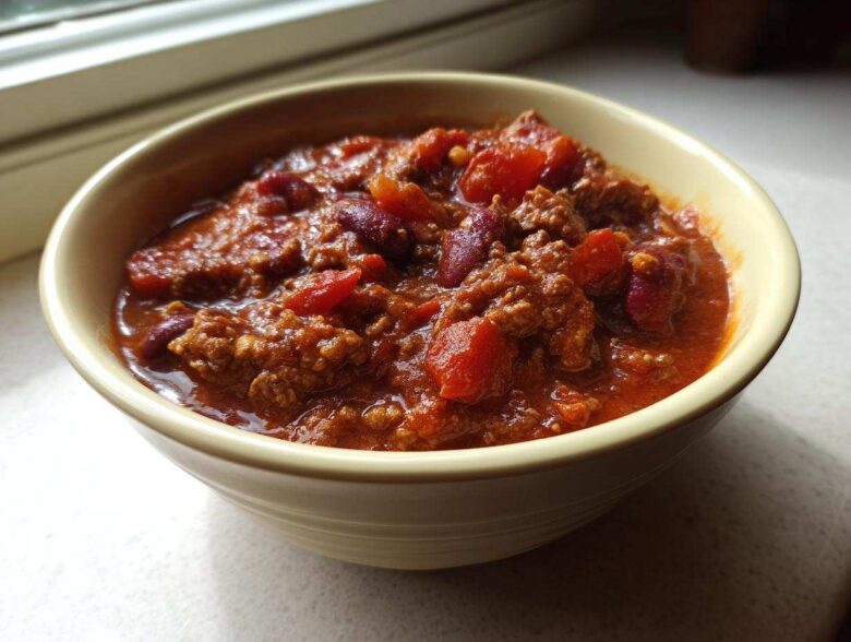 Close-up of a hearty bowl of amazing crockpot chili featuring ground beef, kidney beans, and tomatoes.
