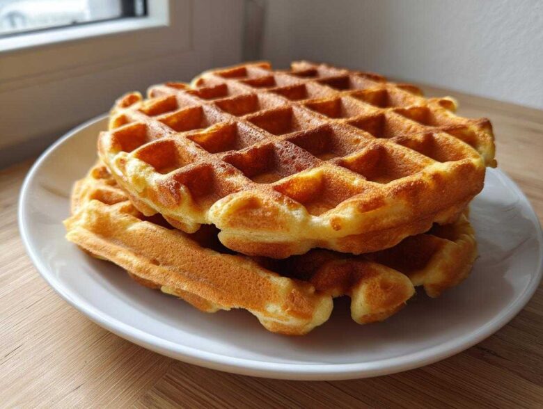A stack of golden brown, freshly made high protein waffles resting on a white plate.