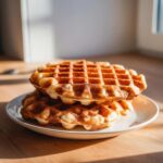A close-up stack of two golden brown high protein waffles resting on a white plate.