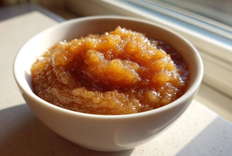 Close-up of rich, brown homemade applesauce sprinkled with spices, served in a white bowl near a sunny window.