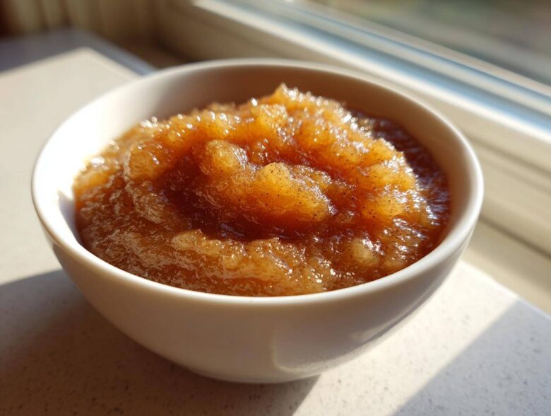 Close-up of rich, brown homemade applesauce sprinkled with spices, served in a white bowl near a sunny window.